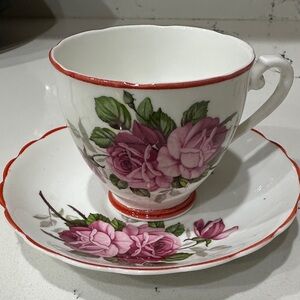 Crownford made in England Floral Tea Cup and Saucer Set - Red and White